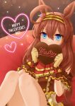  1girl absurdres ahoge animal_ears arm_garter blue_eyes brown_dress brown_hair candy chocolate covering_mouth dress feet_out_of_frame food hair_between_eyes hairband hands_up happy_valentine heart heart-shaped_chocolate highres holding holding_chocolate holding_food horse_ears long_hair mihono_bourbon_(code:glassage)_(umamusume) mihono_bourbon_(umamusume) roppaku sitting sleeveless sleeveless_dress solo umamusume valentine wrist_cuffs 