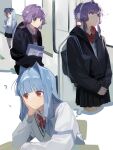  3girls ? alternate_costume bag black_hoodie black_skirt bloom blue_hair blunt_bangs blush book bow bowtie collared_shirt commentary_request commission confused desk grey_sweater hair_intakes hallway hand_on_own_cheek hand_on_own_face head_rest headphones highres holding holding_book holding_notebook hood hood_down hoodie imagining kakine kotonoha_akane kotonoha_aoi light_frown long_hair long_sleeves looking_at_another looking_back low_tied_sidelocks multiple_girls multiple_views musical_note notebook on_chair pink_hair pleated_skirt purple_eyes purple_hair raised_eyebrow red_bow red_bowtie red_eyes school_bag school_desk school_uniform shirt short_hair_with_long_locks shoulder_bag sidelocks sitting skeb_commission skirt spoken_musical_note sweater thought_bubble train_interior vocaloid voiceroid white_shirt yuri yuzuki_yukari 