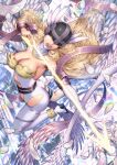  1girl aiming angel_wings angewomon armpits arrow_(projectile) ass asymmetrical_clothes bare_shoulders belt blonde_hair bodysuit boobplate boots breasts cleavage clothing_cutout cosmicleeches covered_eyes digimoji digimon digimon_(creature) elbow_gloves english_commentary falling_feathers feathered_wings floating floating_hair gloves hagoromo helmet helmet_over_eyes highres holding holding_arrow holy_ring knee_boots large_breasts long_hair making-of_available multiple_wings navel_cutout o-ring o-ring_belt open_mouth shawl single_knee_boot solo teeth thigh_strap watermark white_bodysuit white_footwear winged_helmet wings 