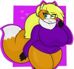  &lt;3 4_fingers absurd_res alpha_channel anthro big_breasts blonde_hair blue_eyes breasts canid canine cheek_tuft clothing facial_tuft female fingers fluffy fluffy_tail fox hair hi_res mammal neck_tuft ponytail purple_clothing raccoonuki red_fox simple_background sketch solo sweater tail tammy_(raccoonuki) thick_thighs topwear tuft 