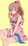  1girl akasakaa basketball_jersey basketball_uniform brown_hair green_eyes gridman_universe gridman_universe_(film) highres jersey long_hair looking_at_viewer minami_yume official_alternate_costume ponytail solo sports_bra sportswear sweat towel 