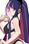  1girl :t alternate_hairstyle arched_bangs bikini black_bikini blue_eyes breasts colored_inner_hair doughnut eating food highres large_breasts long_hair looking_back multicolored_hair panty_&amp;_stocking_with_garterbelt ponytail purple_hair sho-n-d sideboob sidelocks solo stocking_(psg) swimsuit two-tone_hair 