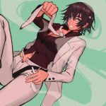  1girl alternate_costume black_hair black_shirt breasts chainsaw_man collared_shirt eyepatch formal green_background green_eyes highres himeno_(chainsaw_man) holding_necktie jacket liowig looking_at_viewer medium_breasts navel necktie pants partially_unbuttoned shirt short_hair simple_background smile smoke solo suit suit_jacket tongue tongue_out white_jacket white_necktie white_pants 