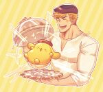  1boy animal artist_name beret blonde_hair blush dog granblue_fantasy hat highres holding holding_tray male_focus muscular muscular_male oneirio open_mouth pectorals pompompurin sanrio shirt short_hair simple_background smile tray upper_body vane_(granblue_fantasy) white_shirt yellow_background 