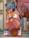  2023 absurd_res anthro ball basketball_(ball) big_breasts blue_body blue_eyes blue_hair blush bodily_fluids bottomwear brand_new_animal breasts brown_body brown_fur canid canine clothed clothing crop_top dipstick_hair dipstick_tail entrapment female fingers fluffy fur genitals glistening glistening_body glistening_breasts gloves_(marking) hair hi_res mammal markings michiru_kagemori netflix pussy raccoon_dog shirt shorts side_boob sitting solo son2j studio_trigger sweat tail tail_markings tanuki topwear tuft white_clothing 