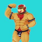  abs anthro biceps bowser bulge butt chest_tuft clothing collar flexing hair hi_res horn jockstrap koopa looking_at_viewer male male/male mammal mario_bros muscular muscular_anthro muscular_male nintendo nipples pecs pubes scalie simple_background smile solo spikes tail tuft underwear unknown_artist 