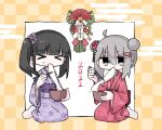  &gt;_&lt; 2022 2girls ahoge black_hair bowl checkered_border chopsticks double_bun eating egasumi fish_hair_ornament floral_print flower food food_in_mouth full_body grey_hair hair_bun hair_flower hair_ornament holding holding_bowl holding_chopsticks japanese_clothes jitome kanikan kimono long_hair long_sleeves looking_at_viewer mochi mochi_trail multiple_girls new_year obi original outside_border print_kimono purple_eyes purple_kimono red_kimono sash seiza shimekazari sitting socks twintails white_background white_socks wide_sleeves zouni_soup 