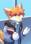  anthro backpack blue_clothing blue_topwear clothed clothing dragon fur furred_dragon hair hi_res kutto kuttoyaki male mouth_closed orange_eyes orange_hair solo topwear white_body white_fur yellow_body yellow_fur young 