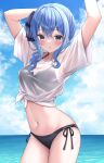  1girl arms_up bikini bikini_under_clothes black_bikini blue_eyes blue_hair blue_sky breasts cloud cowboy_shot day highres hololive hoshimachi_suisei looking_at_viewer nakaji_(user_snap3353) navel ocean outdoors parted_lips shirt side-tie_bikini_bottom side_ponytail sidelocks sky small_breasts solo stomach swimsuit tied_shirt virtual_youtuber wavy_hair wet white_shirt 