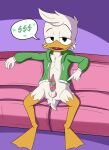  &lt;3 2023 absurd_res aged_up anatid animal_genitalia animal_penis anseriform anthro anus avian balls beak bird black_eyes bottomless bow_ribbon clothed clothing currency_symbol disney dollar_sign duck ducktales ducktales_(2017) erection feathers furniture genitals gesture hi_res hoodie hoodie_only leaning leaning_back limettin looking_at_viewer louie_duck male penis pointing pointing_at_penis shaded simple_background sitting sofa solo speech_bubble spread_legs spreading symbol tail_feathers topwear topwear_only 