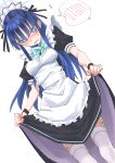  1girl absurdres apron black_dress blue_archive blue_eyes blush bow bowtie commentary_request dress dutch_angle frilled_apron frills garter_straps halo highres long_dress long_hair maid maid_apron maid_headdress puffy_short_sleeves puffy_sleeves saori_(blue_archive) shiratama_(siratama5656) short_sleeves skirt_hold solo thighhighs white_apron white_background white_thighhighs 