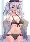  1girl :d ass_visible_through_thighs bare_shoulders bikini black_bikini blue_eyes blush breasts cameltoe collarbone covered_nipples drill_hair frilled_bikini frills gin&#039;ichi_(akacia) grey_hair hat highres kantai_collection kashima_(kancolle) large_breasts long_hair looking_at_viewer navel open_mouth sidelocks smile solo sweat swimsuit thighs twin_drills twintails wavy_hair 