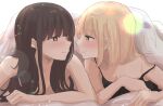  2girls black_hair blanket blonde_hair closed_mouth eye_contact highres inoue_takina long_hair looking_at_another lycoris_recoil multiple_girls nishikigi_chisato purple_eyes yellow_eyes yuri yuuki_(yunky373) 