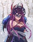  1girl bare_shoulders breasts cleavage closed_mouth dress elbow_gloves fascinator fire_emblem fire_emblem_engage fur_trim furokami gloves hair_ornament highres ivy_(fire_emblem) long_hair purple_eyes purple_hair snow snowing solo white_gloves 