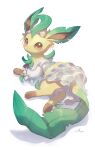  2023 3_toes absurd_res ambiguous_gender black_nose blush brown_eyes brown_inner_ear brown_paws checkered_style_leafeon clothed clothing digital_media_(artwork) digital_painting_(artwork) dress eeveelution feet feral fur fur_tuft generation_4_pokemon glistening glistening_eyes green_ears green_tail hi_res holowear_(pokemon) leaf_ears leaf_tail leafeon looking_at_viewer looking_back lying nintendo nullma on_side pokemon pokemon_(species) pokemon_unite quadruped shadow signature simple_background smile solo tail tan_body tan_fur toes tuft white_background 