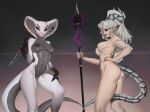  anthro barely_visible_genitalia barely_visible_pussy black_nipples black_sclera duo eyelashes female front_view gauged_snake_hood genitals grey_body grey_horn grey_scales grey_tail hi_res holding_knife holding_object holding_spear holding_weapon horn humanoid humanoid_genitalia humanoid_pussy knife looking_at_viewer melee_weapon nipples nude polearm purple_eyes pussy reptile ridged_tail scales scalie shermugi side_view simple_background snake spear standing tan_body weapon white_body 