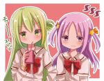  2girls alina_gray blush bow bowtie closed_mouth drinking drinking_straw drinking_straw_in_mouth frown green_eyes green_hair hair_between_eyes hair_ornament hair_ribbon holding_carton layered_sleeves long_hair long_sleeves looking_at_viewer looking_away magia_record:_mahou_shoujo_madoka_magica_gaiden mahou_shoujo_madoka_magica misono_karin multicolored_hair multiple_girls nekokawa21 orange_ribbon parted_bangs purple_eyes purple_hair red_bow red_bowtie ribbon sakae_general_school_uniform school_uniform shirt short_over_long_sleeves short_sleeves sidelocks single_hair_ring star_(symbol) star_hair_ornament straight_hair streaked_hair two_side_up upper_body white_shirt wing_collar wristband 