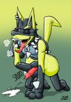  absurd_res after_transformation anthro bodily_fluids breath collar cum d682 ear_piercing generation_4_pokemon genital_fluids gradient_background hi_res lucario male masturbation nintendo onomatopoeia piercing pokemon pokemon_(species) shiny_pokemon simple_background solo sound_effects spiked_collar spikes text tongue tongue_out zipper 