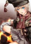  1girl 2019 adventurer_(ff11) artist_name ascot black_headwear black_jacket blonde_hair blue_eyes dated final_fantasy final_fantasy_xi grey_skirt grey_socks hat highres hume jacket kneehighs long_sleeves miniskirt morere mortarboard open_mouth pink_lips pleated_skirt red_ascot scholar_(final_fantasy) short_hair signature skirt smile socks solo tassel 