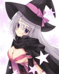  1girl ayachi_nene belt belt_bra black_cloak black_headwear blush breasts cleavage cloak closed_mouth eyelashes eyes_visible_through_hair from_side grey_hair hair_between_eyes hat head_tilt highres jewelry large_breasts leaning_forward long_hair necklace pink_belt purple_eyes sanoba_witch simple_background smile solo star_(symbol) teacat310 upper_body white_background witch witch_hat 