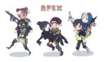  3boys 3girls annoyed apex_legends arm_tattoo assault_rifle belt black_belt black_bodysuit black_eyes black_footwear black_gloves black_hair black_headwear black_pants black_scarf black_shirt blue_bodysuit blue_gloves bodysuit boots brown_eyes carrying chibi cropped_vest crypto_(apex_legends) detached_sleeves double_bun facial_hair fingerless_gloves g7_scout gloves goatee goggles goggles_on_head green_scarf green_vest grey_shorts gun hack_(apex_legends) hair_bun headband highres holding holding_gun holding_weapon hood hood_down hood_up hooded_bodysuit hooded_jacket jacket knee_pads lifeline_(apex_legends) lightning_bolt_symbol looking_ahead looking_at_another mask mechanical_legs mirage_(apex_legends) mouth_mask multiple_boys multiple_girls non-humanoid_robot octane_(apex_legends) one_eye_closed open_mouth orange_jacket pants piggyback pouch princess_carry r-301_carbine red_eyes red_hair repu_(rep_sha) ribbed_bodysuit rifle robot running scarf shadow shirt shorts single_hair_bun smile striped striped_scarf sweatdrop tattoo v-shaped_eyebrows vertical-striped_scarf vertical_stripes vest wattson_(apex_legends) weapon white_background white_footwear white_headband white_jacket wraith_(apex_legends) yellow_bodysuit 