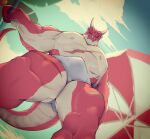  anthro bulge clothing cloud d.doggu digital_media_(artwork) dragon horn looking_at_viewer looking_down looking_down_at_viewer low-angle_view male muscular muscular_anthro muscular_male muscular_thighs nipples outside parasol red_body red_scales scales scalie sky solo speedo swimwear tan_body tan_scales white_clothing white_speedo white_swimwear wingless_dragon worm&#039;s-eye_view 