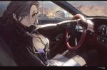  1girl arknights black_jacket black_nails blurry blurry_background breasts car car_interior car_seat cigarette cleavage dashboard dress drive_shot driving eyewear_removed garter_straps hair_ornament hairclip highres jacket jewelry large_breasts looking_at_viewer motor_vehicle necklace open_window penance_(arknights) ring smoking solo speedometer steering_wheel thighhighs white_dress window yellow_eyes 