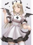  1girl alternate_costume apron bat_(animal) bat_wings black_dress black_horns black_nails blonde_hair buttons collarbone demon_horns demon_wings detached_collar dress frills gradient_background grey_background hand_up hat highres holding holding_syringe horns long_hair looking_at_viewer nijisanji nurse nurse_cap one_eye_closed oyu_(b_47p) puffy_short_sleeves puffy_sleeves short_sleeves sister_cleaire smile solo syringe thighhighs two-tone_dress underbust virtual_youtuber white_apron white_thighhighs wings yellow_eyes zettai_ryouiki 