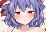  1girl blush closed_mouth collarbone commentary hat karasusou_nano looking_at_viewer mob_cap pink_headwear portrait purple_hair red_eyes remilia_scarlet short_hair simple_background smile solo symbol-only_commentary touhou 