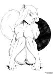  2019 animaniacs anthro barefoot bed bedroom_eyes breasts collarbone feet female fluffy fluffy_tail furniture genitals graphite_(artwork) hair hi_res long_hair long_tail looking_at_viewer mammal minerva_mink mink monochrome mustelid musteline narrowed_eyes nude pussy seductive simple_background small_ears solo tail text tiquitoc toes traditional_media_(artwork) true_musteline url warner_brothers 