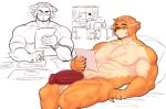  anthro body_hair canid canine canis chest_hair claws clock domestic_dog eyewear facial_hair glasses hair hair_bun hi_res kenjo male mammal muscular muscular_male orange_body paperwork solo stressed taxes warren(kenjo) watch 