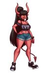  2023 big_breasts black_hair blazbaros bottomwear bracelet breasts clothed clothing cutoffs daisy_dukes demon demon_humanoid denim denim_clothing eyebrows eyelashes female footwear hair hand_on_hip hi_res horn hotpants humanoid humanoid_pointy_ears jewelry long_hair looking_at_viewer midriff navel not_furry off_shoulder orange_eyes ponytail shoes shorts solo spade_tail spiked_bracelet spikes succubus tail thick_thighs topwear 