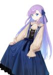  1girl blue_dress blue_eyes blue_ribbon blush breasts brown_shirt casual coffeekite dress fate/grand_order fate_(series) hair_ribbon highres long_hair long_sleeves looking_at_viewer meltryllis_(fate) puffy_long_sleeves puffy_sleeves purple_hair ribbon shirt small_breasts smile solo very_long_hair white_background 