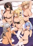  5girls aegis_(takunomi) arm_support armpits arms_behind_head arms_up black_bra black_hair black_panties blonde_hair blue_eyes blue_hair bra breasts brown_eyes cleavage closed_mouth collarbone commentary_request dark-skinned_female dark_skin demon_tail dragon_girl dragon_horns elf elliot_leucosia enjo_kouhai fingernails fins fish_girl full_body green_eyes grey_hair hair_between_eyes hair_intakes head_fins highres holding holding_clothes horns iris_(takunomi) large_breasts long_hair looking_at_viewer lying medium_hair multiple_girls navel nipples no_shoes on_back on_bed oni_horns open_mouth origamine_ouka panties panty_pull pillow pink_eyes pointy_ears ponytail red_eyes seiza sharp_fingernails side-tie_panties sidelocks sitting skin-covered_horns small_breasts smile stomach tail takunomi thighhighs underwear underwear_only ursula_(takunomi) white_thighhighs yokozuwari 