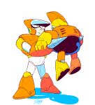  2boys bomb_man crash_man english_commentary frown highres male_focus mega_man_(classic) mega_man_(series) mega_man_1 mega_man_2 multiple_boys shadow simple_background user_uurw4387 white_background 