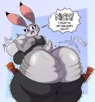  absurd_res ambiguous_gender anthro big_breasts big_butt black_pupils bottomwear bottomwear_pull bra breasts buckteeth butt clothing clothing_pull dipstick_ears disembodied_hand disney duo english_text exclamation_point female grey_body hi_res huge_breasts huge_butt huge_hips huge_thighs judy_hopps lagomorph leporid looking_at_viewer looking_back mammal mrxrickyx multicolored_ears open_mouth pants pants_pull pupils purple_eyes rabbit solo_focus speech_bubble sports_bra teeth text thick_thighs underwear wide_hips zootopia 