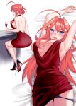  1girl absurdres armpits arms_up ass backless_dress backless_outfit bare_arms bare_back bare_legs bare_shoulders black_footwear blue_eyes blush breasts center_opening cleavage counter covered_nipples cowlick dress drink forehead go-toubun_no_hanayome hair_between_eyes hair_bun high_heels highres kosmos_beta large_breasts long_bangs long_hair looking_back lying multiple_views nakano_itsuki on_back open_mouth orange_hair panties panty_pull plunging_neckline purple_panties red_dress simple_background single_hair_bun sitting underboob underwear white_background 