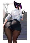  1girl adjusting_clothes ass black_hair blurry blurry_background commentary_request fingernails from_behind hair_horns han_juri highres holding looking_at_viewer looking_back miniskirt multicolored_hair nail_polish notebook pantyhose pantylines parted_lips pencil_skirt purple_eyes purple_hair shirt simple_background skirt sleeves_rolled_up stairs street_fighter street_fighter_6 white_shirt yagi_(joe731842) 