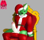  2021 absurd_res anthro balls big_balls big_penis biped black_clothing canid canine canis cesar_(cesaroma71) christmas christmas_clothing christmas_headwear clothing costume erection fur genitals green_body green_ears green_eyes green_fur green_hair hair hat headgear headwear hi_res holidays humanoid_genitalia humanoid_penis looking_at_viewer male mammal penis pink_penis red_clothing santa_clothing santa_costume santa_hat signature sitting solo succubusbnny white_balls white_body white_clothing white_ears white_fur white_penis wolf yellow_clothing 