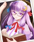  1girl book brown-framed_eyewear closed_mouth crescent crescent_hair_ornament dress frilled_sleeves frills hair_ornament highres holding holding_book indoors kisaragi_koushi long_hair looking_at_viewer neck_ribbon no_headwear open_book patchouli_knowledge picture_(object) pink_dress puffy_short_sleeves puffy_sleeves purple_eyes purple_hair red_ribbon ribbon semi-rimless_eyewear short_sleeves solo striped striped_dress touhou under-rim_eyewear vertical-striped_dress vertical_stripes very_long_hair wooden_chair wooden_floor 