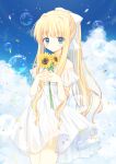  1girl absurdres air_(visual_novel) aiyan alternate_costume bare_shoulders blonde_hair blue_eyes blue_sky blurry blush bow closed_mouth cloud colored_eyelashes commentary_request cowboy_shot day depth_of_field dress eyelashes eyes_visible_through_hair fingernails flower frilled_dress frills hair_between_eyes hair_bow hair_intakes highres holding holding_flower interlocked_fingers kamio_misuzu long_hair looking_at_viewer outdoors own_hands_together ponytail sidelocks sky smile soap_bubbles solo standing straight-on sundress sunflower very_long_hair white_bow white_dress wind wind_lift 