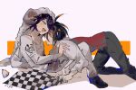  2boys :d black_footwear black_hair blush brown_pants cape cha_c170 checkered_neckerchief collarbone danganronpa_(series) danganronpa_v3:_killing_harmony fake_horns fang fur_cape grey_jacket grey_pants hair_over_one_eye highres hood hood_up horns jacket knee_up male_focus multiple_boys neckerchief oma_kokichi orange_background pants pink_eyes profile purple_hair saihara_shuichi sheep_horns smile teeth unworn_neckerchief upper_teeth_only vampire white_background 