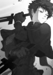  1boy capelet dual_wielding fighting_stance gloves greyscale hand_up highres holding holding_sword holding_weapon kazama_souya kzmsnmjkk long_sleeves looking_to_the_side male_focus monochrome priest robe shards short_sword solo sword upper_body veil weapon world_trigger 