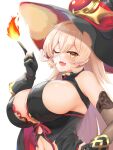  1girl bare_shoulders blonde_hair breasts cape cleavage fingerless_gloves gloves hair_between_eyes hat highres large_breasts looking_at_viewer navel nijisanji nui_sociere nui_sociere_(1st_costume) one_eye_closed open_mouth reirall sideboob simple_background solo underboob virtual_youtuber white_background witch witch_hat yellow_eyes 