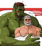  &lt;3 2022 2023 abs barbarian beard bed bed_covers bedding bedroom biceps blush comic comic_panel dialogue dopq duo english_text facial_hair fangs furniture green_body green_skin hair hi_res human humanoid larger_male male male/male mammal muscular muscular_humanoid muscular_male nervous nipples nose_scar orc pecs pillow question_mark red_hair shaved_sides size_difference smaller_male speech_bubble teeth text vein veiny_muscles white_hair 