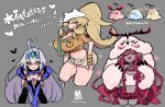  3girls abs antlers baobhan_sith_(fate) baobhan_sith_(swimsuit_pretender)_(fate) bare_shoulders barghest_(fate) barghest_(swimsuit_archer)_(fate) bikini black_thighhighs blonde_hair blue_gloves breasts camisole cernunnos_(fate) character_hood cleavage detached_collar elbow_gloves fate/grand_order fate_(series) fingerless_gloves forked_eyebrows gloves goggles goggles_on_head green_eyes grey_eyes grey_headwear grey_skirt hacco_mayu hat high_ponytail highres horns huge_breasts jacket large_breasts leaning_forward long_hair long_sleeves looking_at_viewer melusine_(fate) melusine_(swimsuit_ruler)_(fate) microskirt midriff miniskirt multiple_girls muscular muscular_female navel neckerchief open_clothes open_jacket open_mouth pencil_skirt pink_hair pointy_ears red_skirt shirt short_sleeves sidelocks skirt small_breasts smile swimsuit thick_thighs thighhighs thighs tied_shirt tongue tongue_out translation_request white_bikini white_camisole white_hair white_jacket yellow_eyes yellow_gloves yellow_shirt 