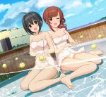  2girls absurdres ahoge air_bubble bamboo_fence bare_shoulders barefoot black_hair blue_sky blush breasts brown_eyes brown_hair bubble cleavage cloud collarbone day dot_nose fence food fruit full_body hands_up highres holding holding_food holding_fruit horizon idolmaster idolmaster_cinderella_girls idolmaster_cinderella_girls_starlight_stage igarashi_kyoko kohinata_miho long_hair looking_at_viewer medium_breasts mountain multiple_girls naked_towel natsuya_(natuya777) ocean one_eye_closed onsen open_mouth outdoors partially_submerged short_hair side_ponytail sitting sky smile soles sparkle toes towel wariza wet white_towel yuzu_(fruit) yuzu_bath 
