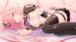  1girl black_shorts black_thighhighs blackheart` blue_eyes boots breasts chinese_commentary cleavage closed_mouth commentary commentary_request elf elysia_(honkai_impact) elysia_(miss_pink_elf)_(honkai_impact) gloves hair_ornament highres honkai_(series) honkai_impact_3rd large_breasts long_hair long_sleeves looking_at_viewer lying on_floor on_side petals pink_hair pink_pupils pointy_ears shorts single_glove solo thigh_boots thighhighs 
