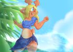  absurd_res anthro antlers bikini bikini_skirt bikini_top bingbingo_(artist) blue_clothing blue_eyes blue_sky blue_topwear brown_body brown_fur buckteeth clothing cloud deer deltarune doe_with_antlers female fist freckles fur hair hi_res horn mammal navel noelle_holiday one_eye_closed open_mouth palm_tree plant red_nose signature sky solo splash swimwear teeth topwear tree undertale_(series) water wet wet_body wet_clothing wet_hair 