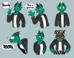  angry anthro blush clothing dragon gesture green_body green_scales horn jacket kabal_manegold leather leather_clothing leather_jacket leather_topwear male newt_wolfbuck orange_eyes pondering scales shirt solo sticker stickers telegram_sticker text topwear v_sign waving white_clothing white_shirt white_topwear wingless_dragon 